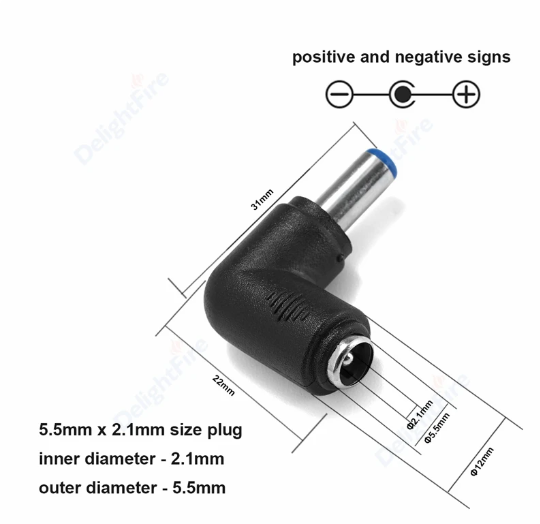 Conector jack de CC de ángulo recto de 5,5mm, 2,1mm, hembra a 5,5mm, 2,1mm, enchufe macho de alimentación de 12V, Conector de CC para adaptador de corriente CA/CC de ordenador portátil